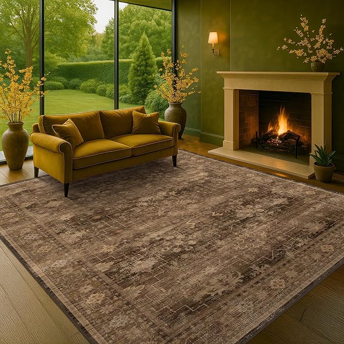 Gold Brown 8x12 Big Rugs for Living Room - Non Slip Washable Vintage Area Rug for Dining Room Under Table, Geometric Floral & Low Pile Boho Bedroom Decor