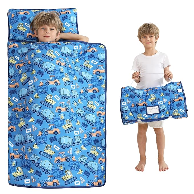 Viviland Toddler Kid Nap Mat for Preschool, Boys Blue Car Slumber Bag, Daycare Sleeping Bag with Pillow and Blanket, Kindergarten Sleep Mat