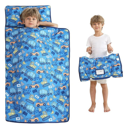 Viviland Toddler Kid Nap Mat for Preschool, Boys Blue Car Slumber Bag, Daycare Sleeping Bag with Pillow and Blanket, Kindergarten Sleep Mat