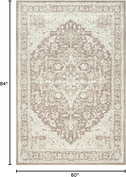 Bloom Rugs Washable Non-Slip 5' x 7' Rug - Light Brown Traditional Medallion Area Rug for Living Room, Bedroom, Dining Room, and Kitchen - Exact Size: 5' x 7'