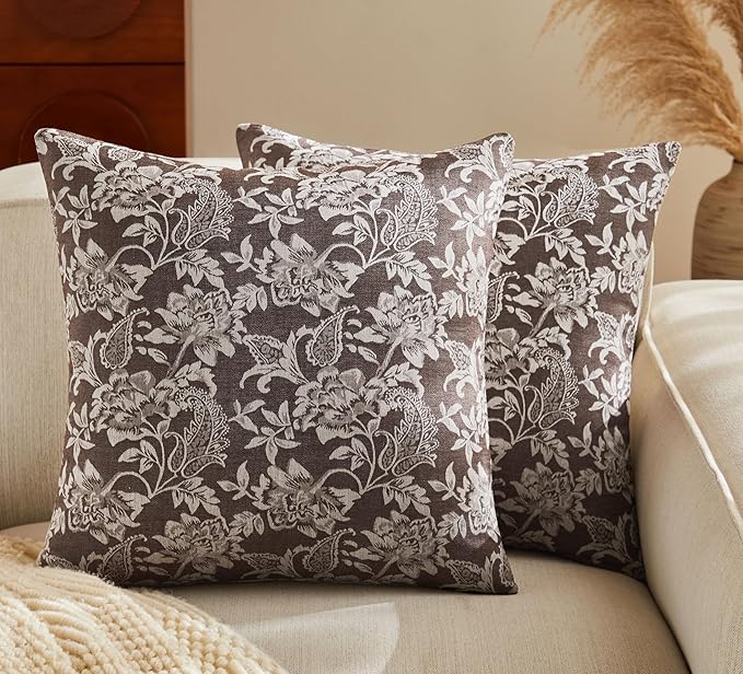Floral Jacquard Throw Pillow Covers Set of 2, Background/Chocolate 24x24 Inch, Farmhouse Decorative Cotton Dark Brown Cushion Covers for Sofa Bed Living Room Home Decor