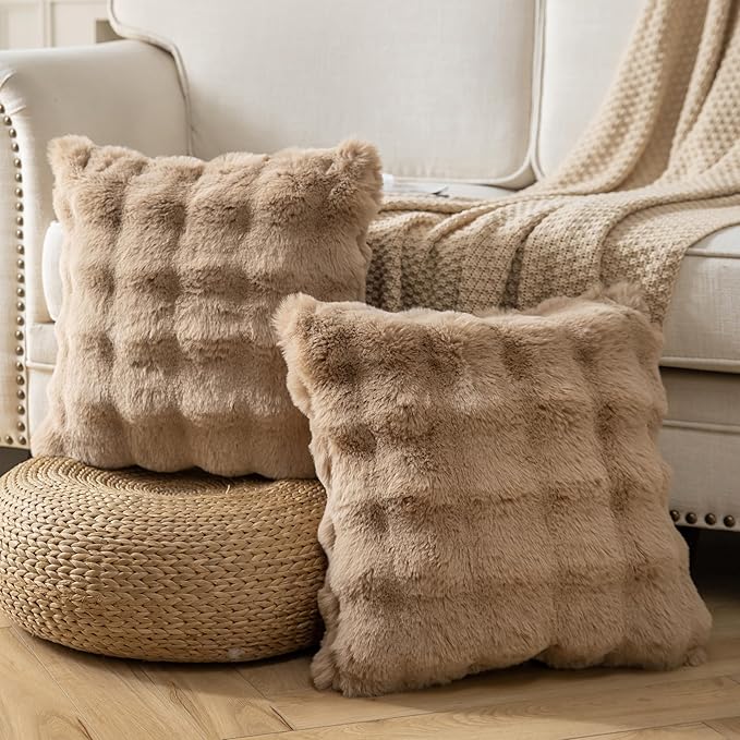 Pack of 2 Thick Plush Throw Pillow Covers Fluffy Wave Faux Fur Decorative Cushion Covers Soft Wool Pillowcase for Sofa Couch Livingroom 26x26 Inch Camel