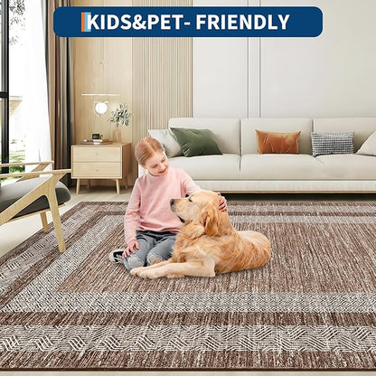 GarveeHome Washable Runner Rug 2x6 Modern Hallway Rug Non Slip Entryway Runner, Geometric Bordered Printed Carpets, Low Pile Thin Foldable Floor Mats, Soft Non Shedding for Kitchen Laundry, Brown