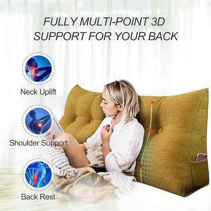 Wedge Headboard Pillow Dorm Room Reading Pillow Back Support for Sitting Up in Bed Bolster Lumbar Cushion Body Positioning Bedrest Cotton Linen 39in Yellow Twin