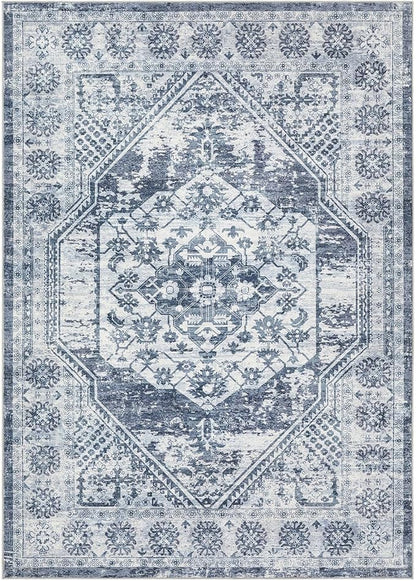 Vintage Living Room Area Rug 6x9 - Large Soft Washable Oriental Traditional Distressed Farmhouse Rugs for Bedroom - Indoor Floor Accent Carpet for Home Office House Decor - Distressed Blue