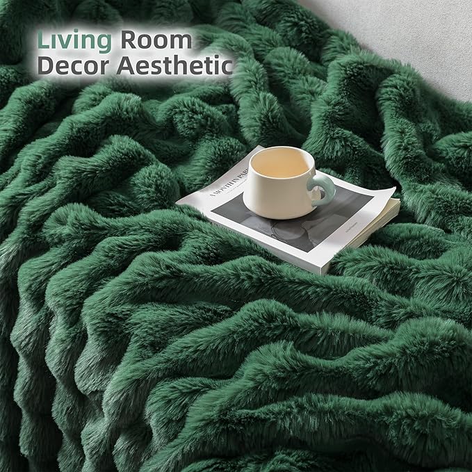 Smoofy Faux Fur Throw Blanket for Couch – Dark Green Fluffy Cozy Rabbit Fleece, Plush Soft Bubble Blanket for Sofa & Bed, for Mom, Warm Fuzzy Home Room Decor Throw 60" x 80"