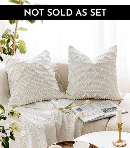 BlissBlush Pure White Decorative Throw Pillow Cover 22X22, Boho Accent Pillow for Couch, Square Modern Farmhouse Pillowcase for Living Room Couch Sofa Cushion Home Décor (Pack of 1)