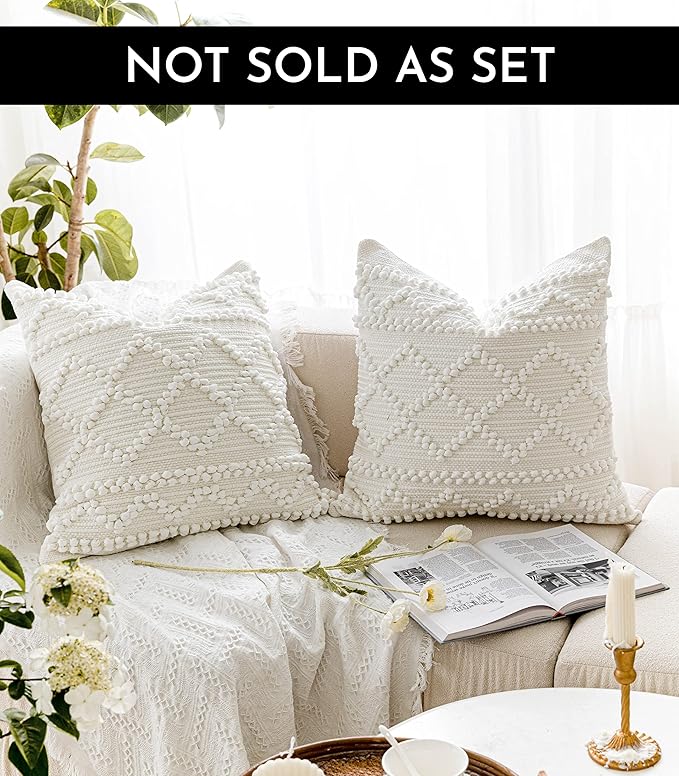 BlissBlush Pure White Decorative Throw Pillow Cover 20X20, Boho Accent Pillow for Couch, Square Modern Farmhouse Pillowcase for Living Room Couch Sofa Cushion Home Décor (Pack of 1)