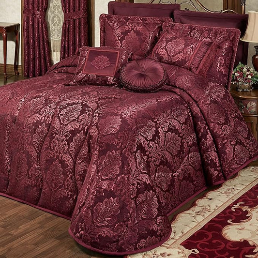 Touch of Class Camelot Luxury Bedding | Robust Burgundy | Matte Satin Damask on Textured Jacquard-Woven Chenille 6 Piece Set Includes King Quilted Bedspread, 2 King Shams, and 3 Decorative Pillows