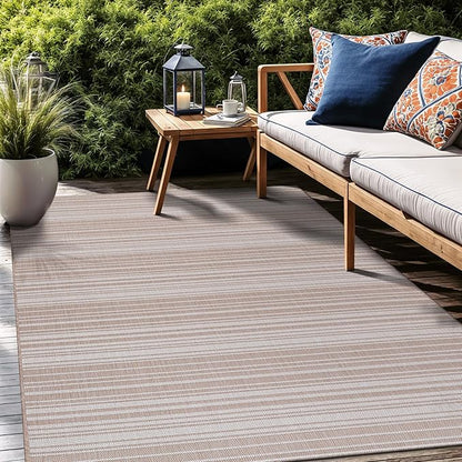 Stripe Outdoor Rug 9x12 Washable Outside Carpet for Indoor Patio Porch Waterproof Easy Cleaning Non Shedding Area Rugs Beige 9 x 12