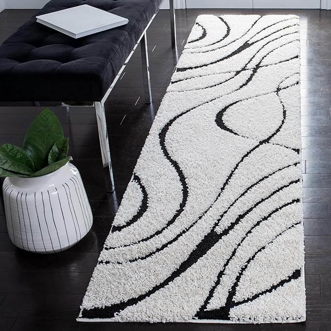 SAFAVIEH Florida Shag Collection Area Rug - 2'3" x 17' Runner, Ivory & Black, Non-Shedding & Easy Cleaning, Plush Thick Pile, Ideal for Living Room, Bedroom, Dining Space (SG471-1290)