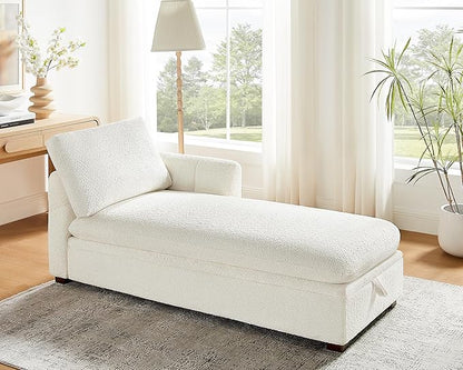 VANOMi Oversized 70.47'' Chaise Lounge Chair Indoor with Storage Space, Modern Upholstered Sofa Bed with Thick Cushion and Left Armrest, Boucle Leisure Recliner for Living Room, Bedroom, Office, White
