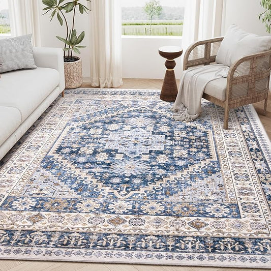 zesthome 6x9 Area Rug, Super Soft Washable Rugs for Living Room, Non-Slip Stain Resistant Vintage Rugs, Ultra-Thin Large Area Rugs (Blue/Beige,6'x9')