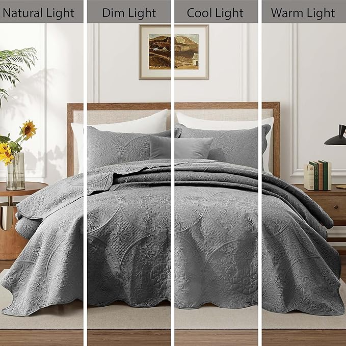 IR Imperial Rooms 10 Pack Queen Quilt Bedding Set (90" x 96") - Bulk Wholesale for Hotels, Guest Bedroom & Airbnbs - Lightweight Microfiber Reversible Floral Embossed Quilts Bedspreads (Grey)
