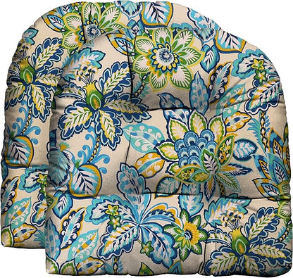 RSH DECOR: Tufted U-Shape Wicker Seat Cushions Set of 2 | 19” x 19” | All-Weather Spun Fabric | Water-Resistant | Outdoor Chair Cushions for Patio Furniture | Copeland Caribe Blue Floral