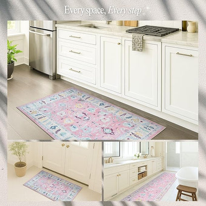 Fame Rugs Pink Modern Oushak Rug 5x7, Washable Vintage Turkish Colorful Oriental Antique Inspired Area Rugs, Luxury Living Room Bedroom (385PB, 5' x 7')