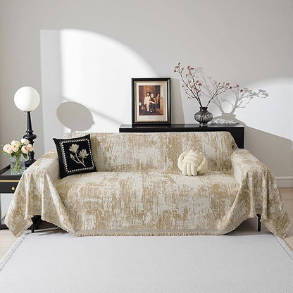 MEETSKY Boho Couch Cover for 2 Cushion Couch Sofa, Chenille Sofa Cover for Sectional Sofa, Modern Khaki Abstract Jacquard Sofa Covers Washable Sofa Slipcover for Pets Friendly, 91" X118", Khaki