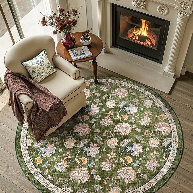 jinchan Elora 5ft Floral Round Rug for Entryway Washable Rug Vintage Romance Christmas Design Non Slip Indoor Doormat Lightweight Low-Profile Throw Carpet for Living Room Dining Room Bedroom, Green