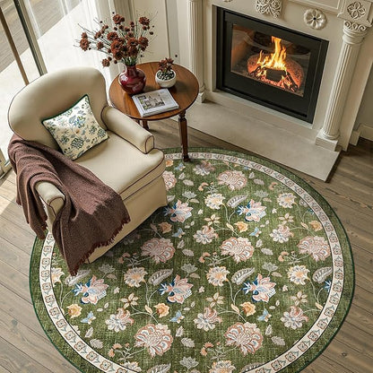 jinchan Elora 5ft Floral Round Rug for Entryway Washable Rug Vintage Romance Christmas Design Non Slip Indoor Doormat Lightweight Low-Profile Throw Carpet for Living Room Dining Room Bedroom, Green