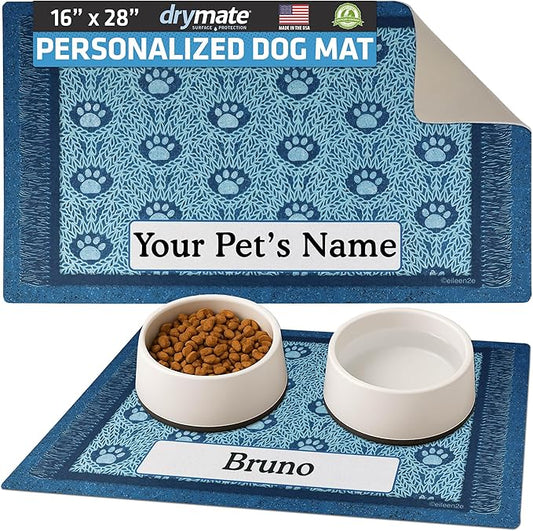 Drymate Personalized Pet Bowl Placemat, Custom Dog & Cat Food Feeding Mat - Absorbent Fabric, Waterproof Backing - Machine Washable/Durable (USA Made) (16" x 28") (Blue Paw Braid)