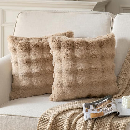 Pack of 2 Thick Plush Throw Pillow Covers Fluffy Wave Faux Fur Decorative Cushion Covers Soft Wool Pillowcase for Sofa Couch Livingroom 26x26 Inch Camel