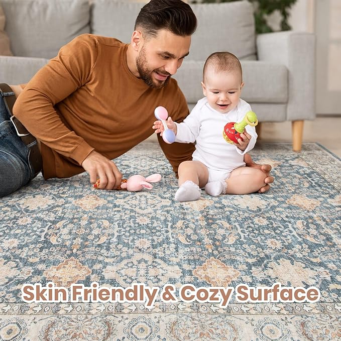 Vintage Living Room Area Rug 10x14 - Large Soft Washable Oriental Traditional Distressed Farmhouse Rugs for Bedroom - Indoor Floor Accent Carpet for Home Office House Decor - Dark Blue