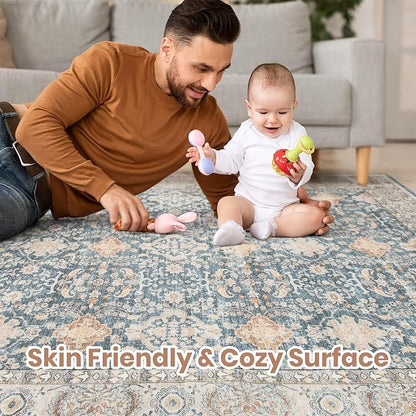 Vintage Living Room Area Rug 7x9 - Large Soft Washable Oriental Traditional Distressed Farmhouse Rugs for Bedroom - Indoor Floor Accent Carpet for Home Office House Decor - Dark Blue