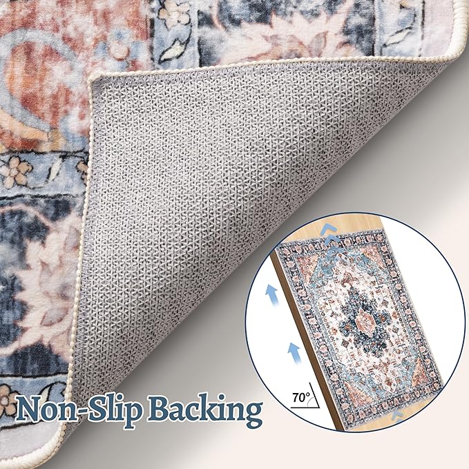 Tangsoo Vintage Rug 2x3 Washable Rug for Entryway, Non Slip Small, Indoor Front Door, Print Distressed Blue/Beige Door Mat Carpet, Soft Low Pile Rugs for Entrance Kitchen Bedroom Bathroom