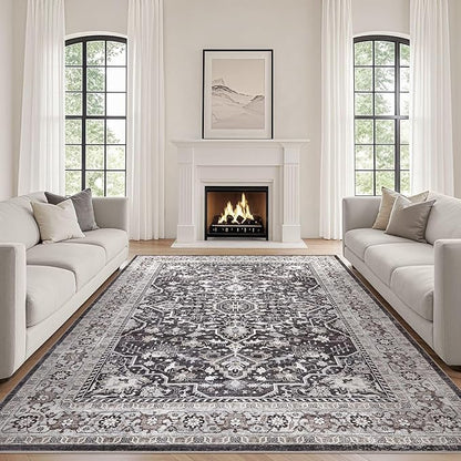 Black Rug Living Room Rugs: 7x10 Washable Boho Large Vintage Moody Soft Stain Resistant Oriental Farmhouse Non-Slip Indoor Floor Carpet for Bedroom Playroom Office Dining Room Retro Home Decor