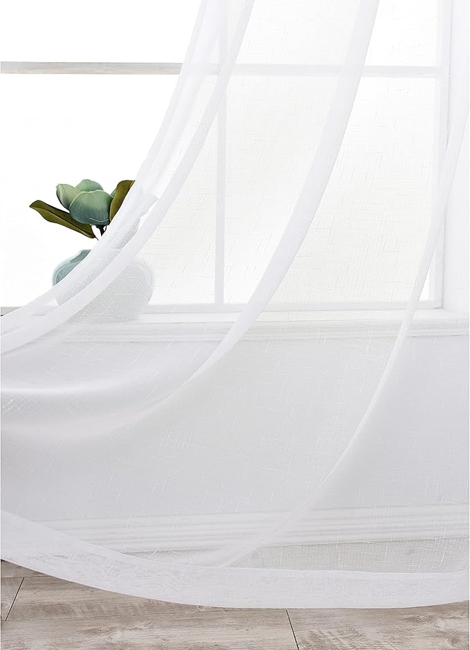 Sheer Curtains Faux Linen Semi Voile Light Filtering Drapes Pair for Bedroom Living Room, Set of 2 Grommet Top Window Curtain Panels (Each 54x108 Inch, White)