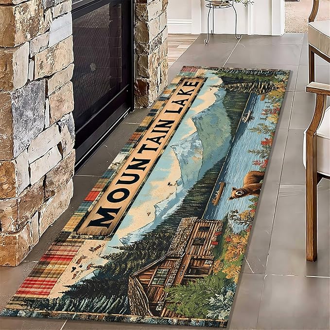 Colorful Oil Painting Bear Rug 4x10ft with Mountain Cabin - Bohemian Non-Slip Rug for Living Room, Washable Foldable Carpet, Forest River Landscape Decor