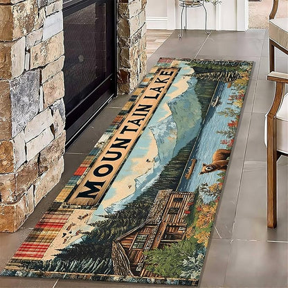 Colorful Oil Painting Bear Rug 2x10ft with Mountain Cabin - Bohemian Non-Slip Rug for Living Room, Washable Foldable Carpet, Forest River Landscape Decor