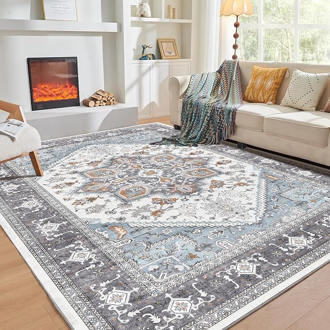 OPPODREAM Thin Area Rugs 4x6, Low-Pile Washable Rugs 4x6 with Non Slip Backing, Faux Cashmere 4 x 6 Throw Carpet, Grey & Teal & Yellow