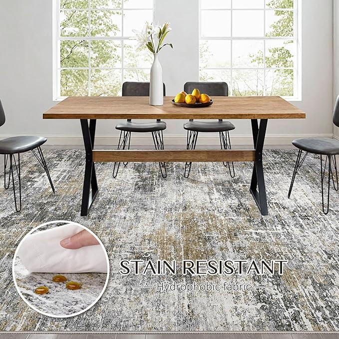 Abstract Living Room Rug 8x10 - Modern Washable Soft Thin Area Rug for Living Room Bedroom Under Dining Table - Neutral Indoor Floor Rug Carpets for Home Office Playroom Nursery - Black Gold