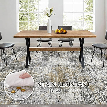 Abstract Living Room Rug 10x14 - Modern Washable Soft Thin Area Rug for Living Room Bedroom Under Dining Table - Neutral Indoor Floor Rug Carpets for Home Office Playroom Nursery - Black Gold