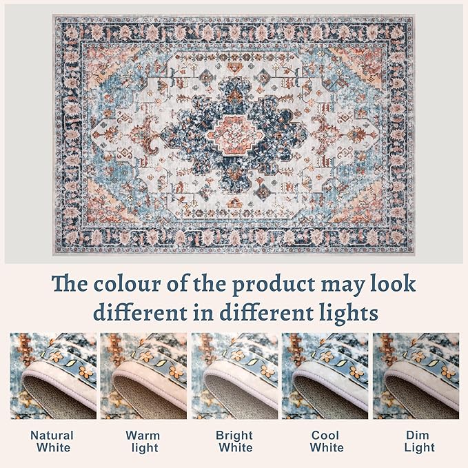 Tangsoo 3x5 Rug for Bedroom, Washable Vintage Rugs Indoor, Non Slip Accent Rug, Print Distressed Blue/Beige Carpet, Soft Low Pile for Living Room Dorm Bedroom Bedside Entryway Bathroom