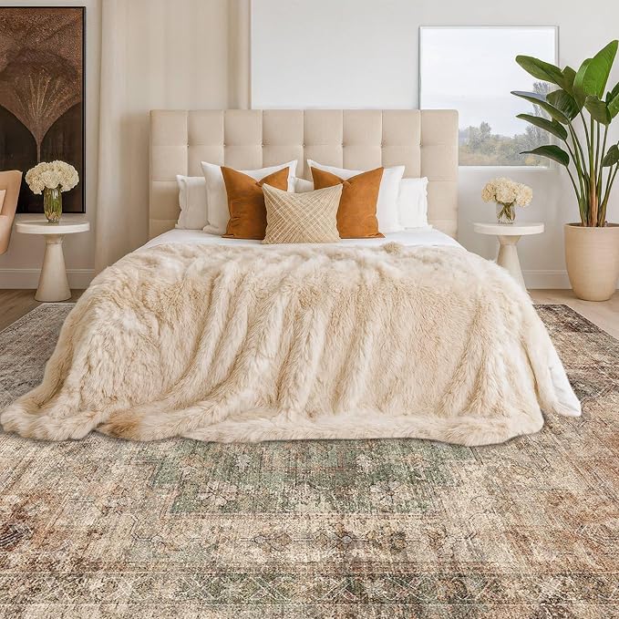 Vintage Dark 6x9 Living Room Rug - Green and Brown Modern Abstract Rug for Dining Room Under Table, Bedroom, Washable Non Slip Soft Rust Taupe Faded Print Mat