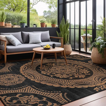 Medallion Outdoor Rug 6x9 Washable Outside Carpet for Indoor Patio Porch Waterproof Easy Cleaning Non Shedding Area Rugs Nut Brown 6 x 9