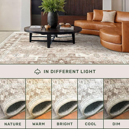 Washable Neutral Farmhouse Bedroom Rug, 5x7 Area Rugs for Living Room, Nursery Room, Boho Vintage Floral Non-Slip Rug Low Pile Stain Resistant (5x7 Beige/Latte)