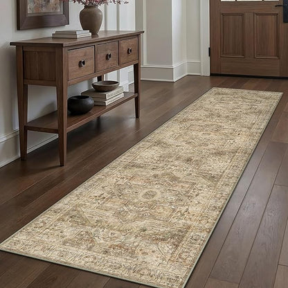 Brown Multi Hallway Runner Rug 3x10 Vintage Washable Distressed Area Carpet Kitchen Indoor Non Slip Long Traditional Medallion Retro Accent Throw Rug for Bedroom Laundry Dining Living Room