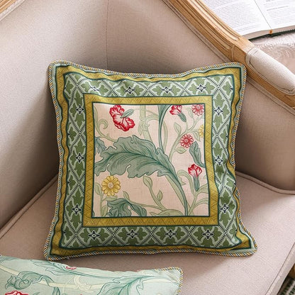 patdrea Designer Square Throw Pillow Covers,Farmhouse Linen with Green Floral Pattern Pillows Cover,Decorative Pillowcases Cushion for Bed Living Room Outdoor Car,18"x18"