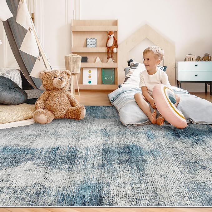 6x9 Area Rugs for Living Room: Washable Rug Modern Abstract Neutral Soft Rugs Non-Slip Low-Pile Indoor Floor Carpet for Bedroom Dining Room Kitchen (Blue, 6'x9')