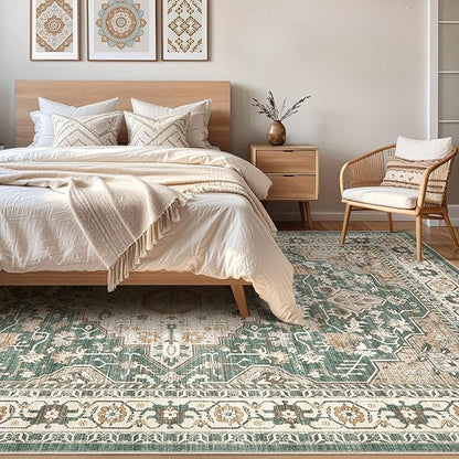 7x9 Area Rug Living Room: Machine Washable Boho Large Vintage Soft Rugs Stain Resistant Farmhouse Oriental Non Slip Indoor Floor Carpet for Bedroom Nursery Kids Playroom Office Dining Room- Green