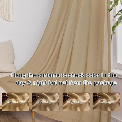 MAIHER 80 Inch Length Khaki Pinch Pleated Sheer Curtains Light Filtering Voile for Patio Door Living Room Soft Touch Lightweight Pleated Drapes with Adjustable Hooks, Khaki, 42" W x 80" L, 2 Panels