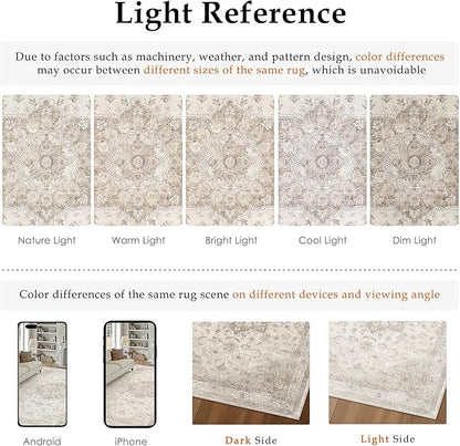 Beige Runner Rug 2x7 Washable Vintage Carpet Hallway Kitchen Soft Retro Low Pile Thin Indoor Bedroom Non Slip Oriental Medallion Long Throw Rug for Bathroom Laundry Dining Room