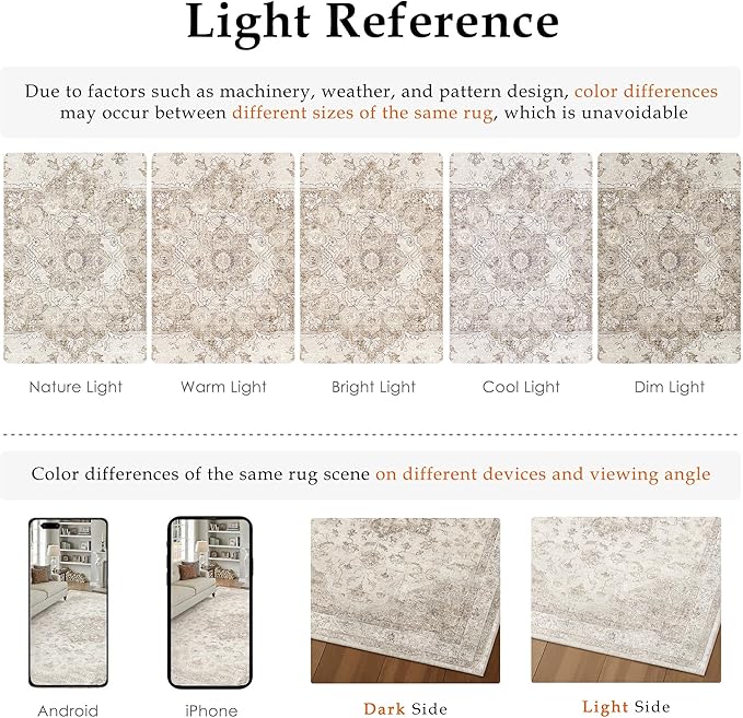 Beige Area Rug 10x14 Washable Living Room Carpet Vintage Non Slip Soft Bedroom Indoor Office Retro Low Pile Thin Oriental Medallion Large Rug for Dining Room Bathroom Playroom