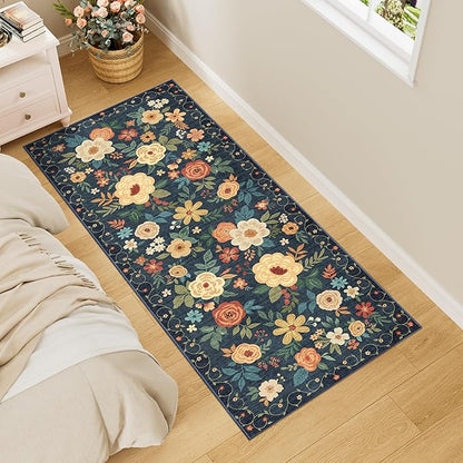 DUKINO 2x5 Runner Rug for Hallway, Washable Kitchen Floral Runner Rug with Non Slip Backing, Low Pile Soft Boho Carpet for Kitchen, Hallway, Entryway, Laundry, Bedroom, Navy Blue