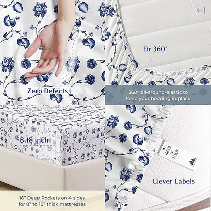 Mayfair Linen 100% Cotton Printed California King Cotton Sheets - 4 PC Cal King Size Bed Sheet Set Cotton (Floral Blue), Soft, Cooling, Sateen Weave 16" Deep Pocket Bedsheet (Fits 18" Mattress)