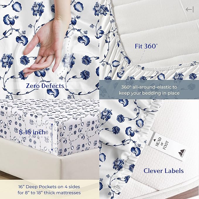 Mayfair Linen 100% Cotton Printed Bed Sheets Queen Size Set - 500 Thread Count Cotton Sheets for Queen Size Bed, 4 PC Set (Floral Blue), Soft, Cooling, Sateen Hotel Quality 16" Deep Pocket Bedsheet