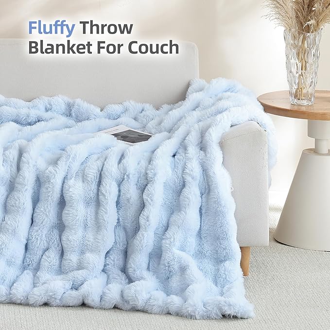 Smoofy Faux Fur Throw Blanket for Couch Rabbit Fleece - Light Blue Fluffy Blanket for Sofa Bedroom Living Room, Cozy Soft Plush Luxury Thick Winter Fuzzy Comfy Bubble Blanket - 60" x 80"